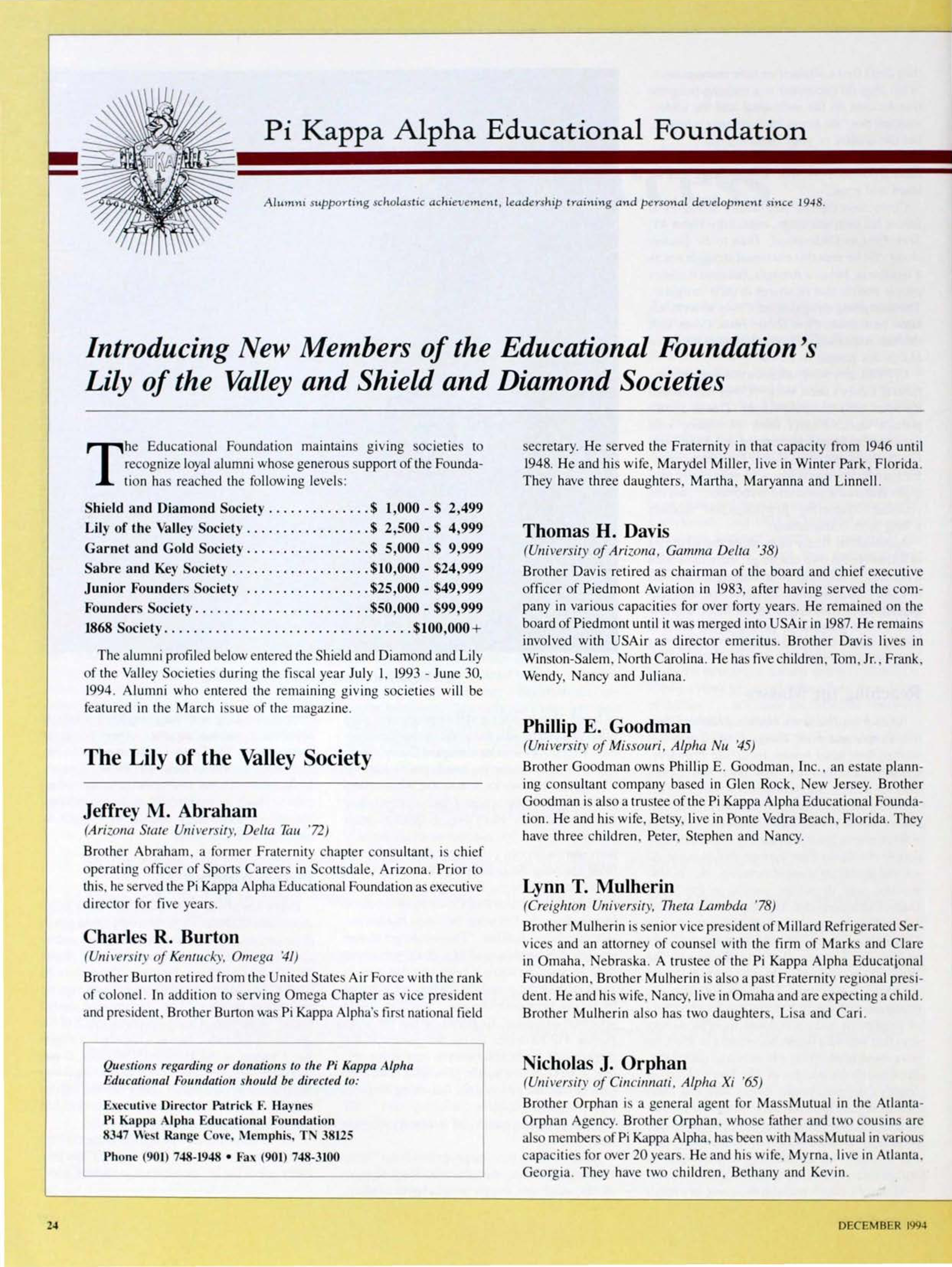 Pi Kappa Alpha Educational Foundation, December 1994